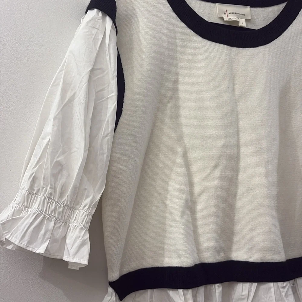 Anthropologie white and black Knit Top - large - sweater vest puff sleeve
